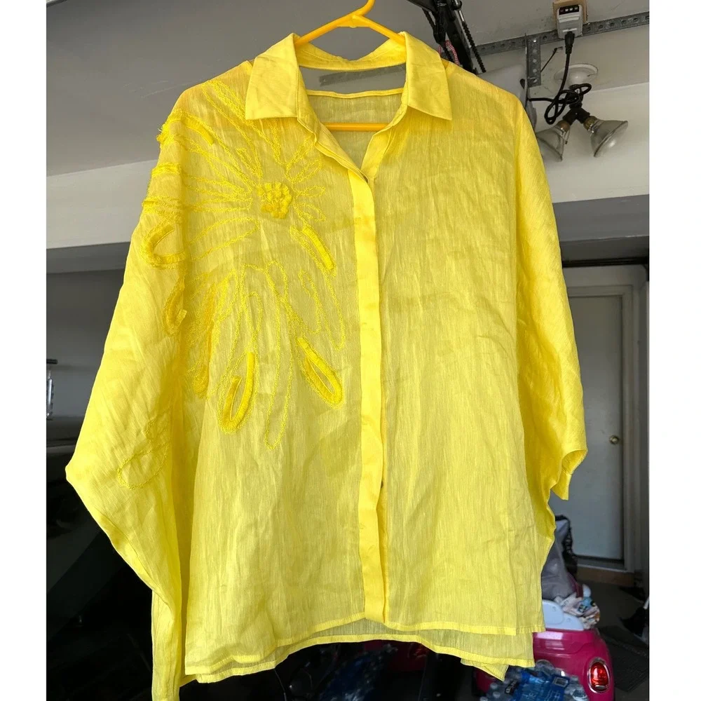 Yellow Linen Silk Women's Oversized Floral Embroidered Boho Chic Shirt Size M